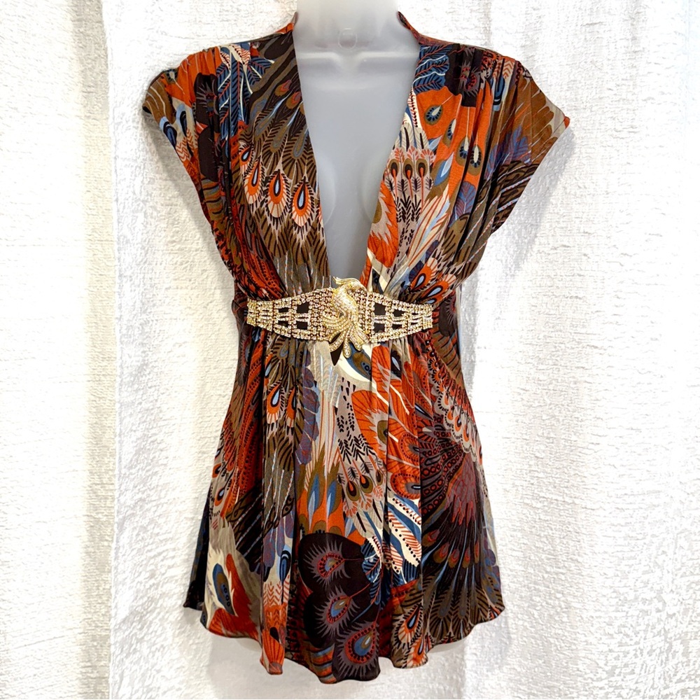 RARE Stunning NWOT SKY L Peacock Print Deep V-Neck Bling Top Rust Gold RHOC ASOS